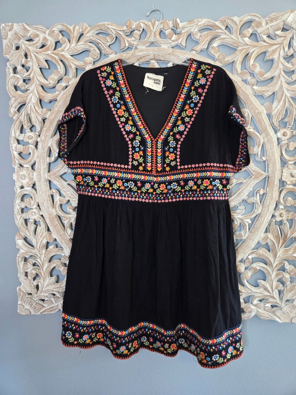 Savanna Jane black boho embroidered baby doll dress large
